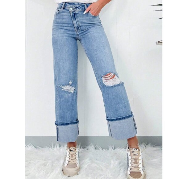 Shein Distressed Denim Crisscross Jean Size 6(M) Cuffed Hem - Picture 2 of 9